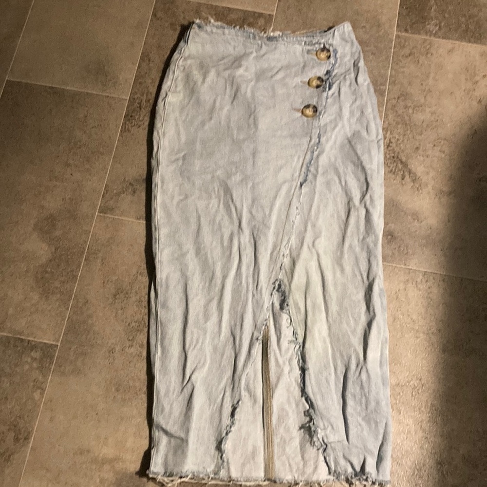 Zara Blue Maxi Pencil Skirt with Ruched Slit jeans skirt
